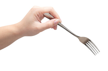 isolated of a woman's hand holding a silver fork.