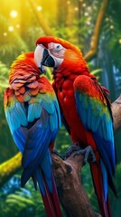Fototapeta premium Couple of Vibrant and Colorful Macaws, Perched on Tropical Tree Branches. Generative ai