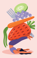 Balanced diet concept. Woman with healthy fruit and vegetables. Wellness and healthy living. Strawberry, carrot, blueberries, cucumber. Eating well and exercising.