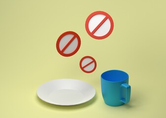 3d illustration no eat and no drink, no food, empty plate and cup