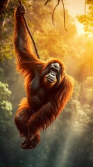 Orangutan Swinging Effortlessly through Lush Canopy of Tropical Rainforest. Generative ai