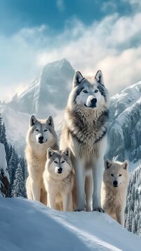 Family of Wolves Standing Together on a Snow-Covered Cliff. Generative ai