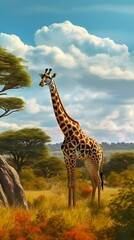 Fototapeta premium Giraffe Standing Tall in the African Savannah. Generative ai