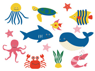 クジラやサメや魚などの海の生き物のイラストセット