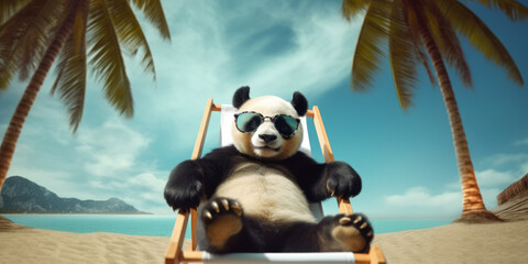 Fototapety  Funny panda in sunglasses on the sea is resting on vacation. AI  generation 