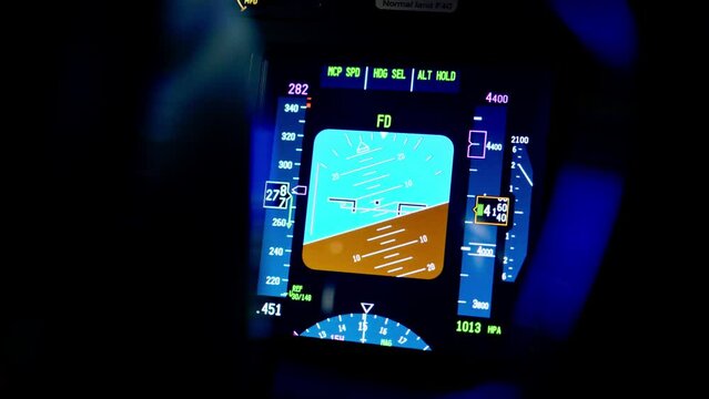 A detailed shot of the radar control and navigation panel in the cockpit of the flight simulator data on the on-board computer