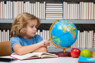 Smart caucasian school boy kid pupil student going back to school. Education kids.