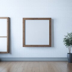 Blank wooden picture frame mockup on wall in modern interior. Horizontal artwork template mock up for artwork, painting, photo or poster in interior design