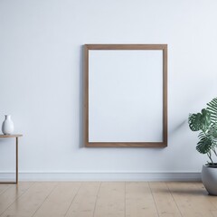 Blank wooden picture frame mockup on wall in modern interior. Horizontal artwork template mock up for artwork, painting, photo or poster in interior design