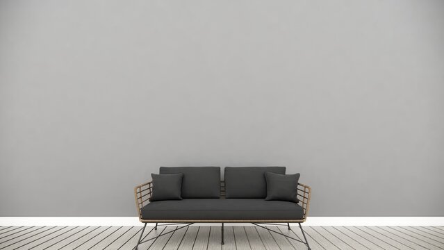 Empty room space background. With wooden floor perspektive pattern and texture and empty concrete wall for background. Interior abstract background for design and decoration. rottan sofa. 3D Rendering