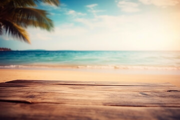 Summer Palm Banner: Tropical Paradise Beach Background, Sunlit Wooden Table, Blurred Palms, Nature-Inspired Vacation Design