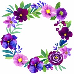 Watercolor/aquarelle floral purple wreath, hand drawn