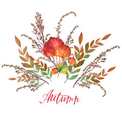 Autumn bouquet with lettering. Watercolor hand-drawn red green orange leaves isolated on white background. Forest nature foliage for frame. Creative clipart for  halloween wallpaper sketchbook - obrazy, fototapety, plakaty