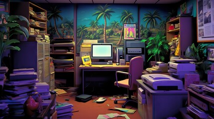 Retro 90s office with papers, large computers, and clutter, capturing the atmosphere of the era, generative ai