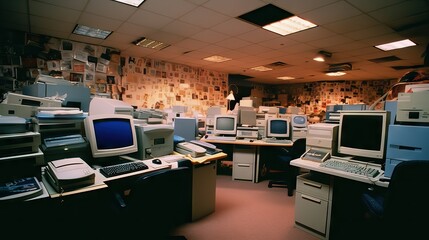 Retro 90s office with papers, large computers, and clutter, capturing the atmosphere of the era, generative ai