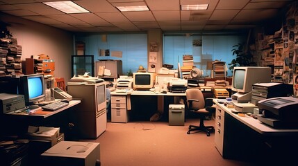 Retro 90s office with papers, large computers, and clutter, capturing the atmosphere of the era, generative ai