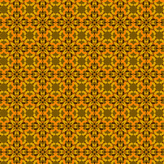 Abstract geometric graphic fabric pattern Autumn faded yellow orange brown mosaic motifs on a dark olive ground