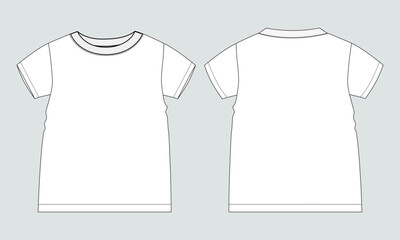 Short sleeve Basic T-shirt technical fashion flat sketch vector Illustration template front and back views. Basic apparel Design Mock up for Kids and boys.
