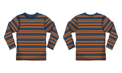 Long sleeve T shirt with all over stripe technical drawing fashion flat sketch vector illustration template front and back views isolated on white background