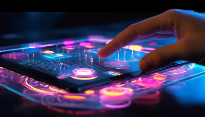 Obraz premium Technology Interface on Transparent Smart Device with Glowing Icons and Holographic Projections on Backlit Background of Interconnected Data Points and Wave Lines - Generative AI