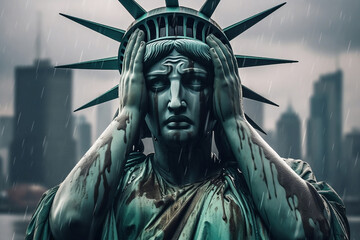 Statue of liberty crying with her hands covering her face, raining outside, city background, generative ai - obrazy, fototapety, plakaty