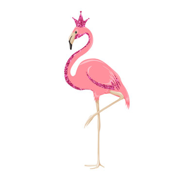 Beautiful little flamingo with pink glitter. Pink flamingo in a pink shiny crown.
