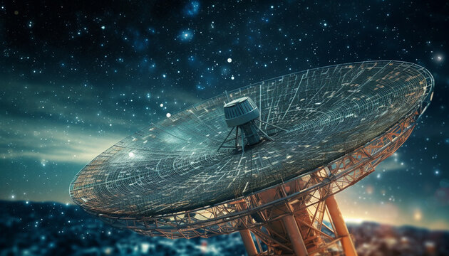 Satellite Dish Array amidst starry night, symbolizing global connectivity, with abstract overlay - Generative AI