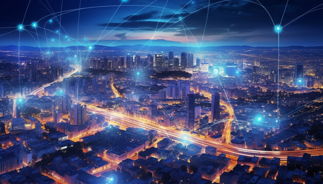 Smart City: Futuristic Skyline with Visible Data Streams and Communication Networks in Sleek Metallic Tones and Glowing Accents, Overlaid with Interconnected Lines and Nodes - Generative AI