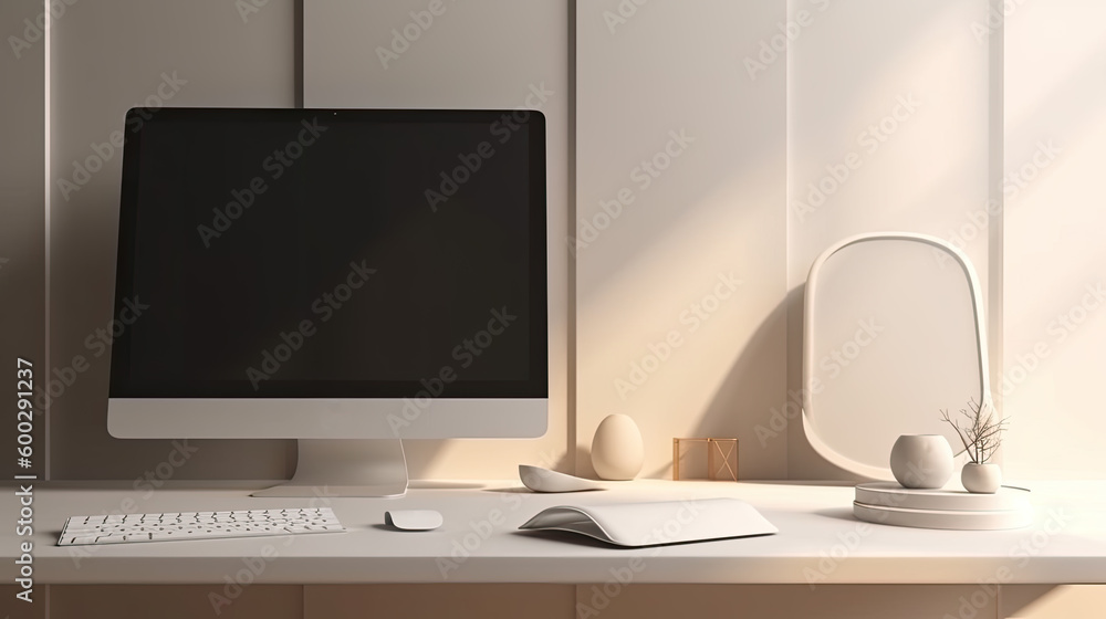 Poster a modern home office with a stylish desktop computer in white and warm colours. generative ai