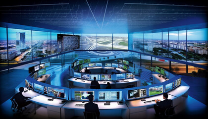 Smart City's Advanced Command Center with Live Video Feeds and Data Analysis for Enhanced Security and Monitoring - Generative AI