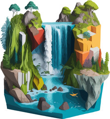Vector format illustration that celebrates environment waterfall and biodiversity in a colorful and vibrant style. The illustration features a variety of animals and plants in 3d cube painting