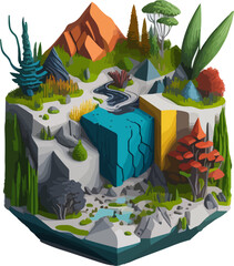 Vector format illustration that celebrates environment waterfall and biodiversity in a colorful and vibrant style. The illustration features a variety of animals and plants in 3d cube painting