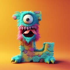Naklejka premium crazy mad funny cute tiny Monster In the form of the letter L, generative AI illustration