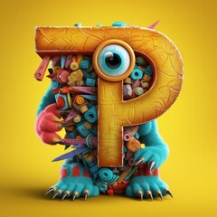 crazy mad funny cute tiny Monster In the form of the letter P, created with generative AI technology