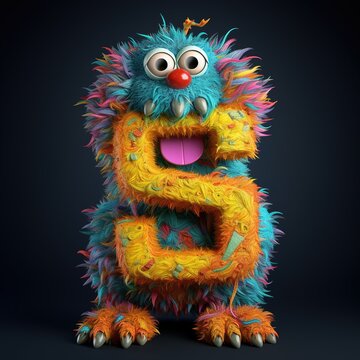 crazy mad funny cute tiny Monster In the form of the letter S, generative AI illustration