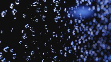 黒い背景にたくさんの水滴。青い光。