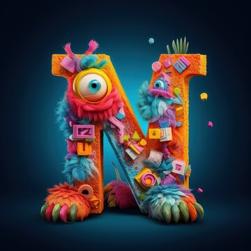 crazy mad funny cute tiny Monster In the form of the letter N, generative AI illustration