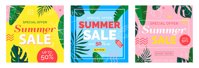 summer sale square banners design set with tropical leaves for social media advertising vector illustration