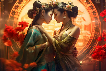 romance fantasy historical Asian women art illustration - obrazy, fototapety, plakaty