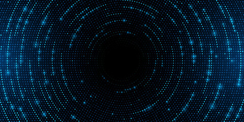 Futuristic digital circles of glowing particles. Abstract circular sound wave. Big data visualization into cyberspace. Pattern of dots. Vector Illustration