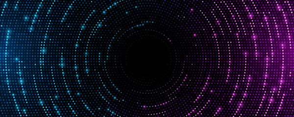 Futuristic digital circles of glowing particles. Abstract colorful circular sound wave. Big data visualization into cyberspace. Pattern of dots. Vector Illustration