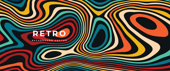 Abstract retro 70s background vector. Colorful vintage 1970 stylish wallpaper with swirl psychedelic shapes. Illustration design suitable for poster, banner, decorative, wall art.