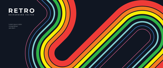 Obraz premium Abstract retro 70s background vector. Colorful vintage 1970 stylish wallpaper with lines, stripes, curve shapes. Illustration design suitable for poster, banner, decorative, wall art.