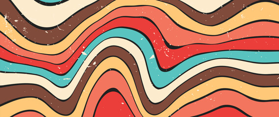 Abstract retro 70s background vector. Colorful vintage 1970 grunge stylish wallpaper with lines, stripes, psychedelic shapes. Illustration design suitable for poster, banner, decorative, wall art.