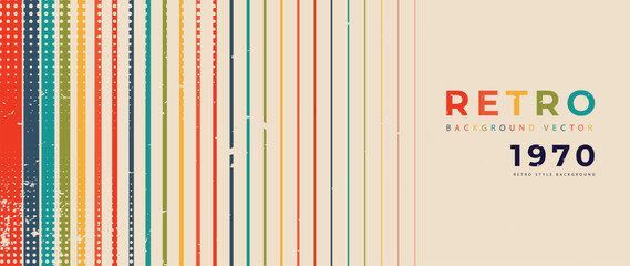 Abstract retro 70s background vector. Colorful vintage 1970 grunge stylish wallpaper with lines, stripes shapes. Illustration design suitable for poster, banner, decorative, wall art. © TWINS DESIGN STUDIO