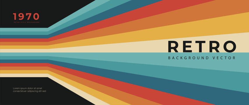 Fototapeta Abstract retro 70s background vector. Colorful vintage 1970 stylish wallpaper with lines, stripes shapes. Illustration design suitable for poster, banner, decorative, wall art.