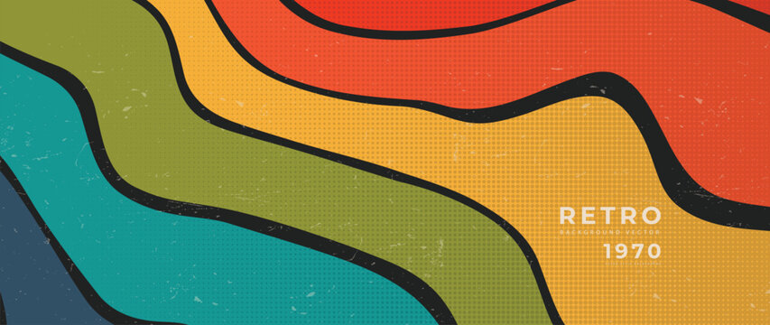 Abstract retro 70s background vector. Colorful vintage 1970 grunge stylish wallpaper with lines, stripes, psychedelic shapes. Illustration design suitable for poster, banner, decorative, wall art.