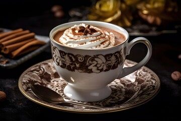 015_decadent Syrian hot chocolate with whipped cream and cocoa powder, Generative AI