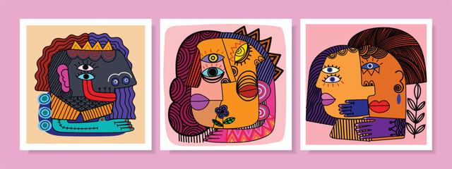 Set of colorful abstract face portraits as a cubism wall art vector illustration. Decorative geometric shape flat graphics design.