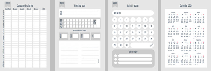 Template for tracking calories consumed, building new habits, monthly planning and calendar for 2024